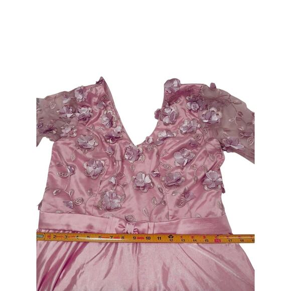 VNTG 80s Satin Dress Sz XL Pink 3D Flowers Chiffon Sleeves Fairy Princess Retro - Picture 11 of 12